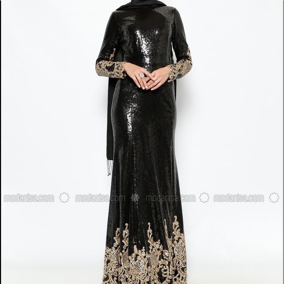 Modanisa Dresses & Skirts - Sequined Gold and Black Gown L/S